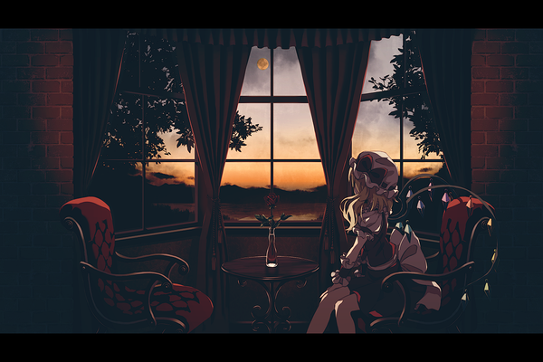 Anime picture 1200x800 with touhou flandre scarlet dise single long hair blonde hair sitting sky indoors puffy sleeves turning head evening sunset letterboxed hand on knee brick wall girl skirt flower (flowers) bow