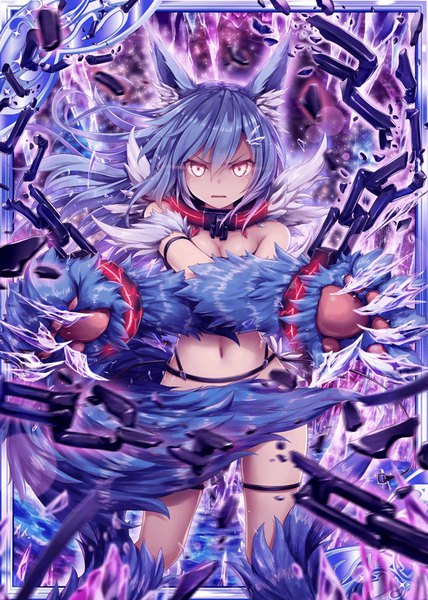 Anime picture 640x896 with shinkai no valkyrie fenrir (shinkai no valkyrie) akkijin single long hair tall image light erotic standing animal ears yellow eyes blue hair tail animal tail wind glowing crossed arms glowing eye (eyes) convenient censoring framed wolf ears