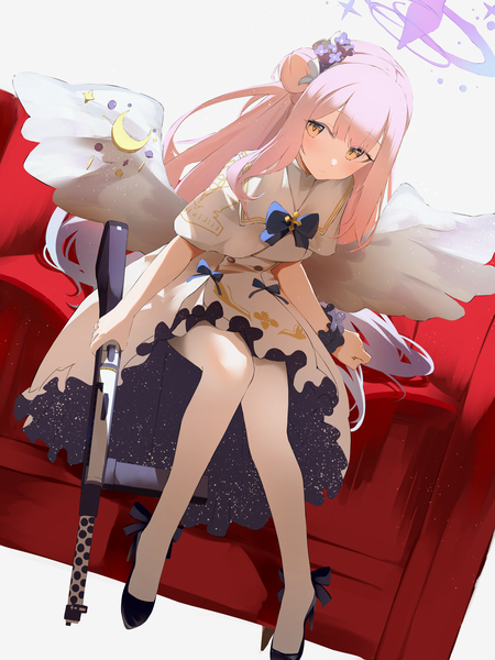 Anime picture 3000x4000 with blue archive mika (blue archive) heimu (heim kstr) single long hair tall image looking at viewer fringe highres sitting pink hair full body hair bun (hair buns) orange eyes high heels white wings girl weapon pantyhose wings