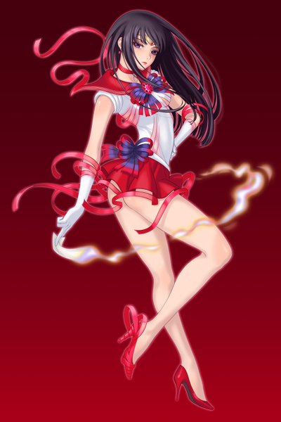 Anime picture 1063x1594 with bishoujo senshi sailor moon toei animation hino rei sailor mars eclosion single long hair tall image looking at viewer light erotic black hair purple eyes red background girl skirt gloves ribbon (ribbons) miniskirt sailor suit