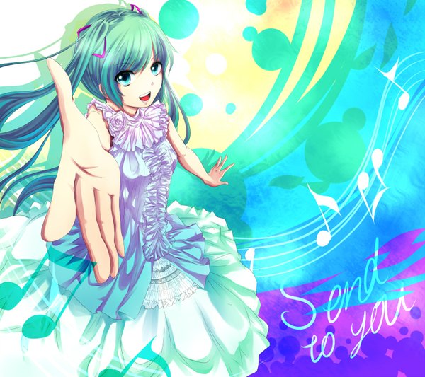 Anime picture 1500x1334 with vocaloid hatsune miku twintails green eyes green hair girl dress
