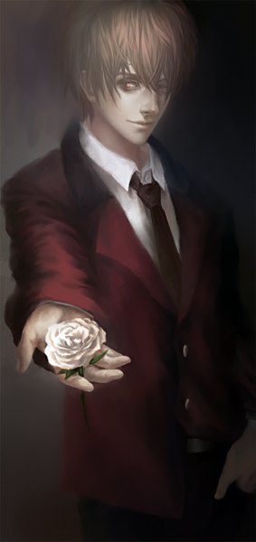 Anime picture 500x1057 with gintama sunrise (studio) okita sougo fin (pixiv) single tall image short hair brown hair brown eyes outstretched arm dark background hand in pocket boy flower (flowers) necktie rose (roses) suit white rose
