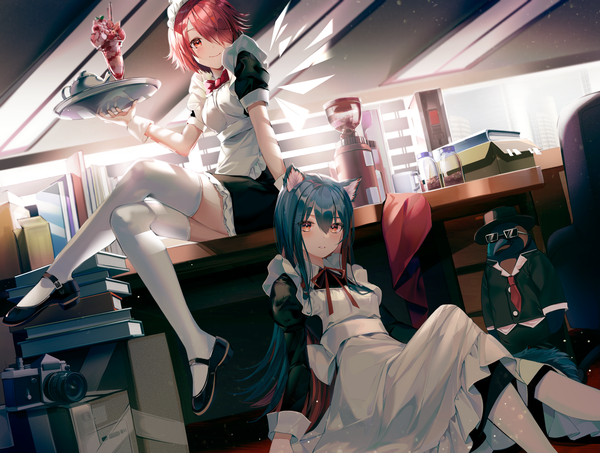 Anime picture 2000x1511 with arknights texas (arknights) exusiai (arknights) the emperor (arknights) buri (retty9349) long hair looking at viewer blush fringe highres short hair smile hair between eyes red eyes sitting multiple girls animal ears payot blue hair full body