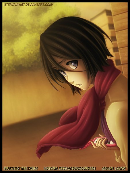 Anime picture 793x1050 with bleach studio pierrot kuchiki rukia law67 single tall image looking at viewer short hair brown hair looking back grey eyes coloring portrait face framed girl plant (plants) tree (trees) scarf phone