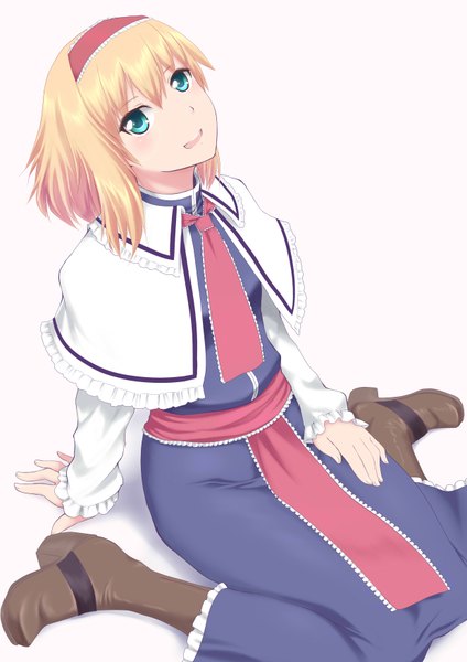 Anime picture 2480x3507 with touhou alice margatroid kakurenbo. single tall image highres short hair open mouth blue eyes blonde hair simple background white background girl dress boots hairband