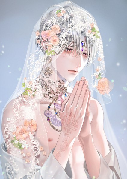 Anime picture 800x1131 with original kurayoshi samu (sum) single tall image fringe short hair light erotic simple background hair between eyes red eyes bare shoulders silver hair nipples upper body off shoulder grey background tattoo looking down hands clasped praying