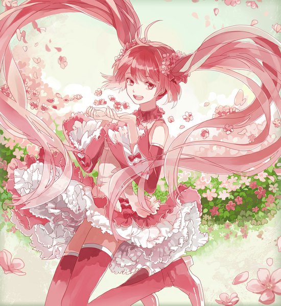 Anime picture 733x800 with vocaloid hatsune miku sakura miku michi (iawei) single tall image looking at viewer open mouth twintails bare shoulders pink hair ahoge bent knee (knees) very long hair pink eyes jumping frilly skirt girl flower (flowers) detached sleeves