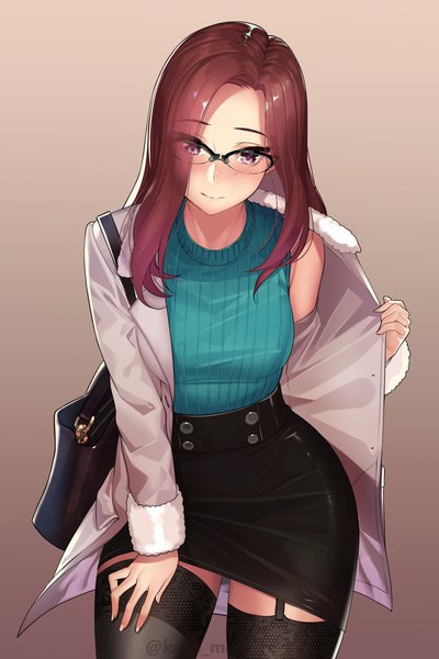 Anime picture 1365x2046 with original kagematsuri single long hair tall image looking at viewer blush fringe simple background smile brown hair standing signed pink eyes hair over one eye open clothes leaning leaning forward fur trim twitter username