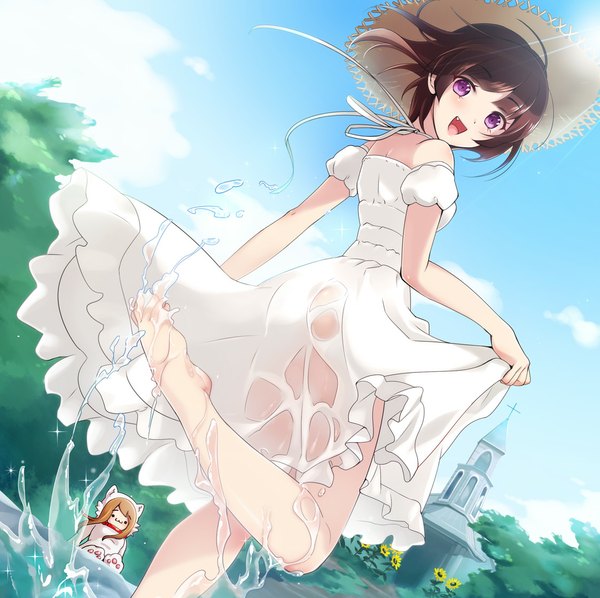 Anime picture 1123x1121 with original hayakawa akari single looking at viewer blush short hair open mouth light erotic black hair smile purple eyes bare shoulders sky cloud (clouds) :d looking back barefoot wet happy wet clothes