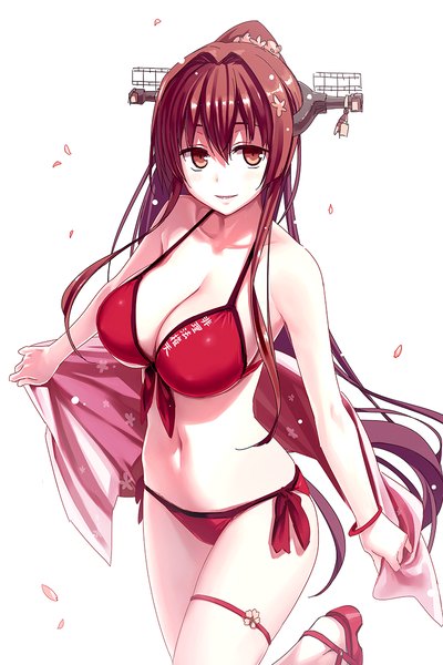 Anime picture 800x1200 with kantai collection yamato super battleship himura kiseki single long hair tall image looking at viewer fringe breasts light erotic simple background brown hair large breasts standing white background bent knee (knees) ponytail hair flower from above light smile