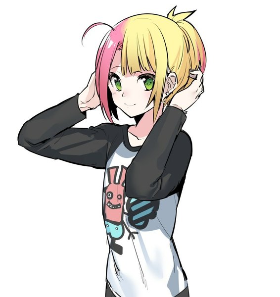 Anime picture 800x849 with original theodor bachstein erubo single tall image looking at viewer fringe short hair simple background blonde hair smile white background green eyes pink hair ahoge ponytail multicolored hair two-tone hair otoko no ko boy