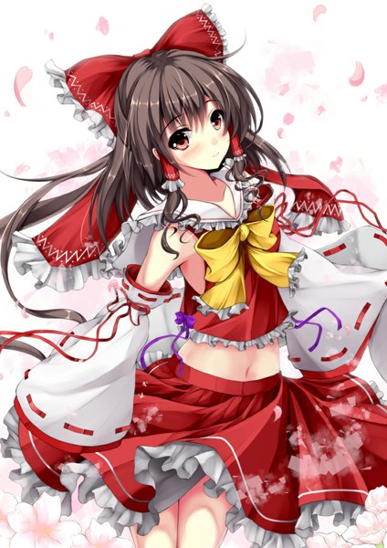 Anime picture 826x1169 with touhou hakurei reimu haruno nanakusa single long hair tall image looking at viewer blush black hair red eyes traditional clothes miko girl skirt navel bow hair bow detached sleeves petals skirt set