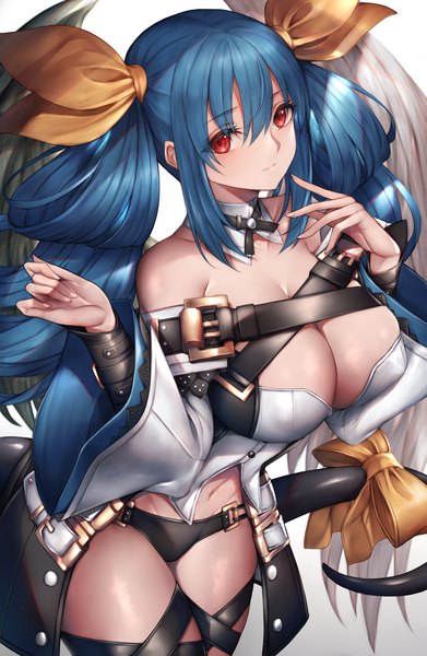 Anime picture 2800x4300 with guilty gear dizzy (guilty gear) snm (sunimi) single long hair tall image looking at viewer fringe highres light erotic simple background hair between eyes red eyes twintails bare shoulders payot blue hair cleavage light smile wide sleeves