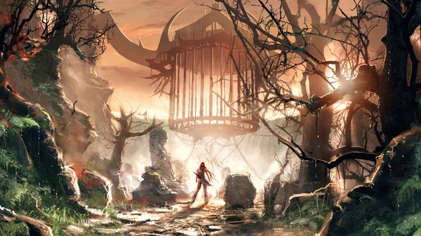 Anime picture 1920x1080 with heavenly sword noriko tagme (artist) single highres wide image red hair back evening sunset landscape fantasy ruins girl ribbon (ribbons) plant (plants) hair ribbon tree (trees) grass huge weapon