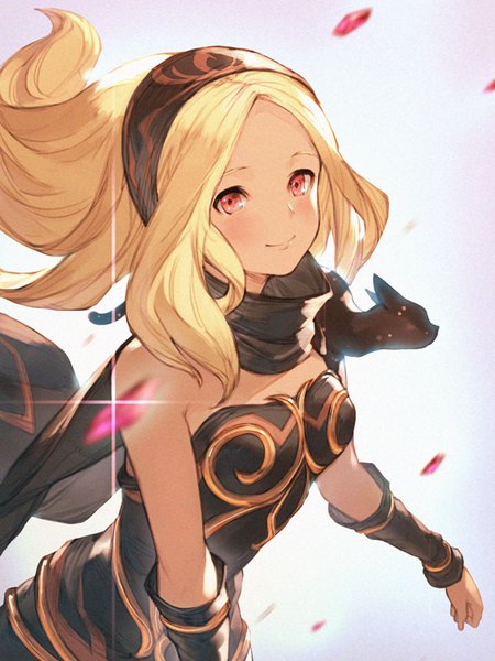 Anime picture 600x800 with gravity daze kat (gravity daze) dusty (gravity daze) taroji single long hair tall image looking at viewer blush blonde hair simple background smile red eyes bare shoulders from above wind sparkle girl dress detached sleeves