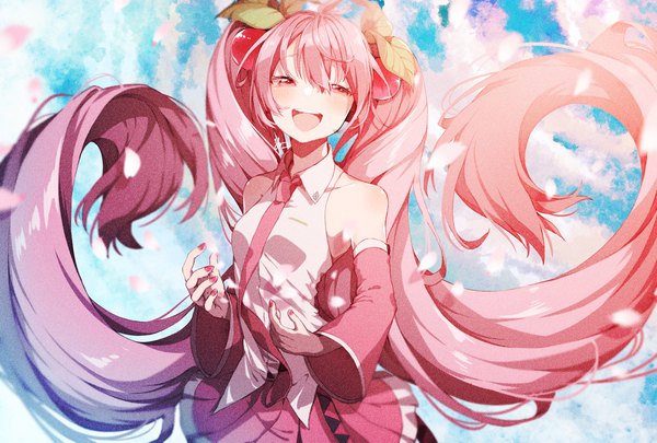 Anime picture 2039x1378 with vocaloid hatsune miku sakura miku nuko 0108 single looking at viewer blush fringe highres open mouth smile hair between eyes standing twintails bare shoulders pink hair sky very long hair nail polish :d