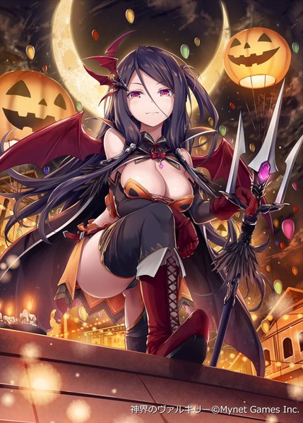 Anime picture 643x900 with shinkai no valkyrie halloween astral akkijin single long hair tall image looking at viewer blush fringe breasts light erotic black hair hair between eyes large breasts standing bare shoulders holding sky cleavage full body