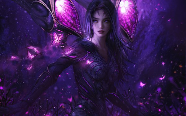 Anime picture 7000x4375 with league of legends kai'sa nixeu single long hair fringe highres breasts black hair standing purple eyes looking away absurdres parted lips lips realistic mole mole under eye facial mark girl