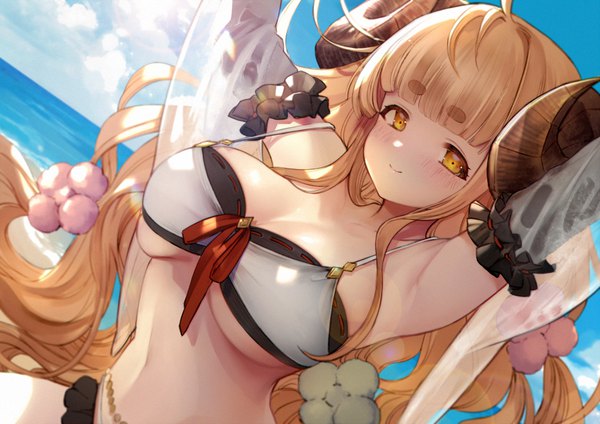 Anime picture 1000x707 with granblue fantasy anila (granblue fantasy) nido celisius single looking at viewer blush fringe breasts light erotic blonde hair smile large breasts yellow eyes sky cloud (clouds) ahoge blunt bangs very long hair horn (horns) arms up