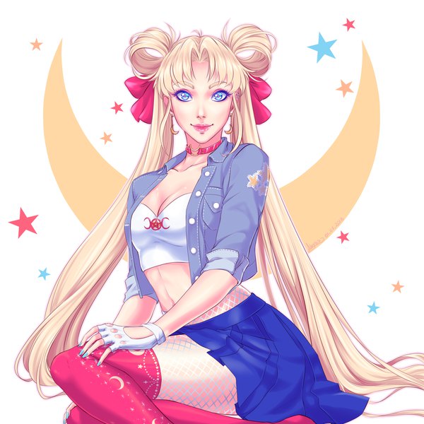 Anime picture 2000x2000 with bishoujo senshi sailor moon toei animation tsukino usagi sailor moon lady abyss single long hair looking at viewer highres breasts blue eyes blonde hair simple background white background sitting twintails cleavage nail polish pleated skirt fingernails