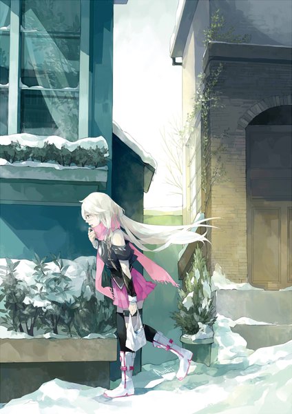 Anime picture 800x1131 with vocaloid ia (vocaloid) ayakii single long hair tall image open mouth bare shoulders looking away white hair pleated skirt sunlight finger to mouth winter snow sunbeam girl thighhighs skirt uniform