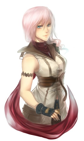 Anime picture 600x1000 with final fantasy final fantasy xiii square enix lightning farron f-wd single long hair tall image blush blue eyes simple background white background pink hair girl gloves bracelet belt fingerless gloves