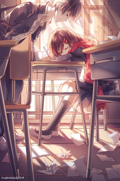 Anime picture 1001x1500 with kagerou project shaft (studio) tateyama ayano kisaragi shintarou instockee long hair tall image fringe short hair smile brown hair holding eyes closed profile pleated skirt wind leaning leaning forward open collar sleeping