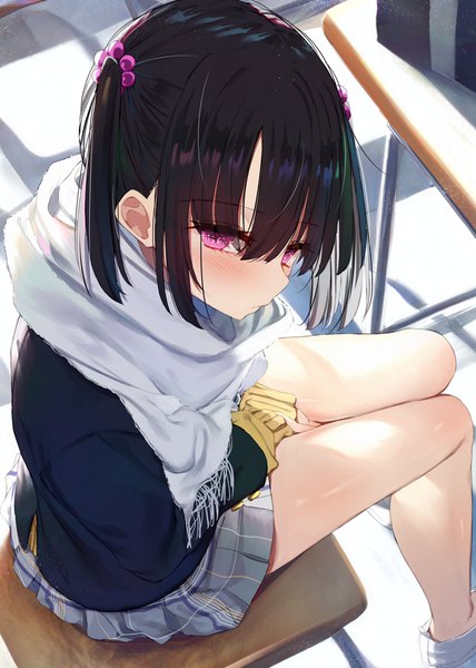 Anime picture 744x1044 with original bare legs girl (kamizaki hibana) kamizaki hibana single tall image looking at viewer blush short hair black hair sitting twintails payot full body bent knee (knees) indoors long sleeves head tilt pleated skirt pink eyes from above