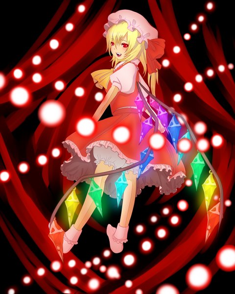 Anime picture 1200x1500 with touhou flandre scarlet puchiman tall image short hair blonde hair red eyes looking back girl skirt wings headdress skirt set crystal