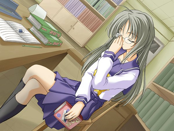 Anime picture 1024x768 with memories off futami shion long hair fringe game cg bent knee (knees) indoors eyes closed dutch angle crossed legs adjusting glasses uniform glasses serafuku book (books) library