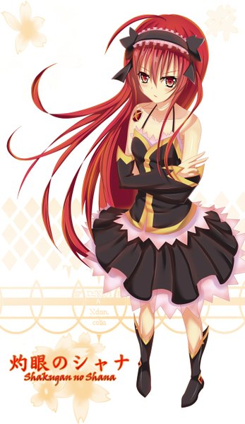 Anime picture 740x1280 with shakugan no shana j.c. staff shana seedkeng single long hair tall image blush red eyes bare shoulders red hair girl dress flower (flowers) bow hair bow detached sleeves hairband pendant