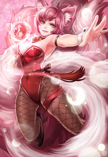 Anime picture 1384x2000 with league of legends ahri (league of legends) goomrrat single tall image short hair breasts light erotic bare shoulders animal ears yellow eyes looking away pink hair tail armpit (armpits) magic fox girl multiple tails girl pantyhose