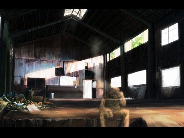 Anime picture 1024x768 with original you shimizu sitting sunlight ghost boy uniform window military uniform garbage hangar