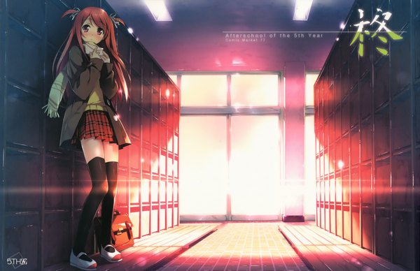 Anime picture 1999x1295 with original kurumi (kantoku) kantoku single long hair blush highres red eyes twintails red hair pleated skirt sunlight short twintails girl thighhighs black thighhighs scarf school bag letter love letter