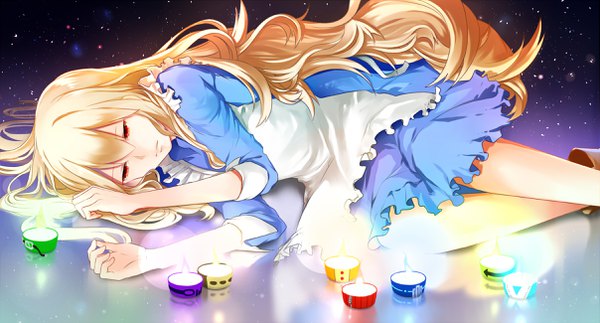 Anime picture 2414x1300 with kagerou project shaft (studio) mary (kagerou project) asd13 single long hair fringe highres blonde hair hair between eyes red eyes wide image lying on side sad girl dress blue dress candle (candles)