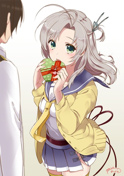 Anime picture 1414x2000 with kantai collection admiral (kantai collection) kinugasa heavy cruiser kinugasa (kantai collection) kazuki (kaduki kan) long hair tall image blush short hair open mouth green eyes signed ahoge from above grey hair gradient background dated valentine remodel (kantai collection) heart print
