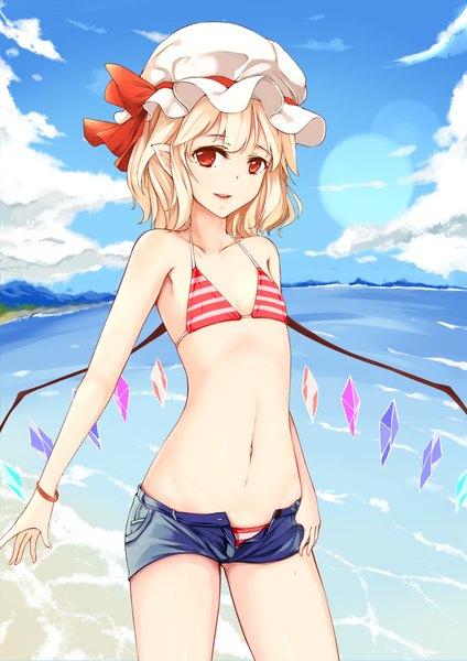 Anime picture 2480x3507 with touhou flandre scarlet mu yan single tall image looking at viewer highres short hair open mouth light erotic blonde hair smile red eyes sky cloud (clouds) pointy ears lens flare flat chest open shorts open fly