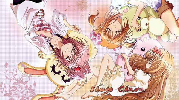 Anime picture 1423x800 with shugo chara! hinamori amu mashiro rima yuiki yaya long hair fringe short hair blonde hair smile wide image twintails multiple girls eyes closed profile barefoot from above light smile inscription bare legs on back