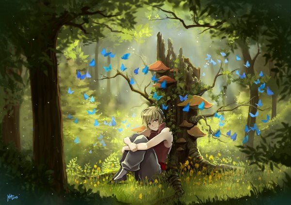 Anime picture 1200x848 with original radittz looking at viewer short hair blonde hair sitting yellow eyes bent knee (knees) sunlight sunbeam leg hug boy plant (plants) tree (trees) insect butterfly grass forest mushroom (mushrooms)