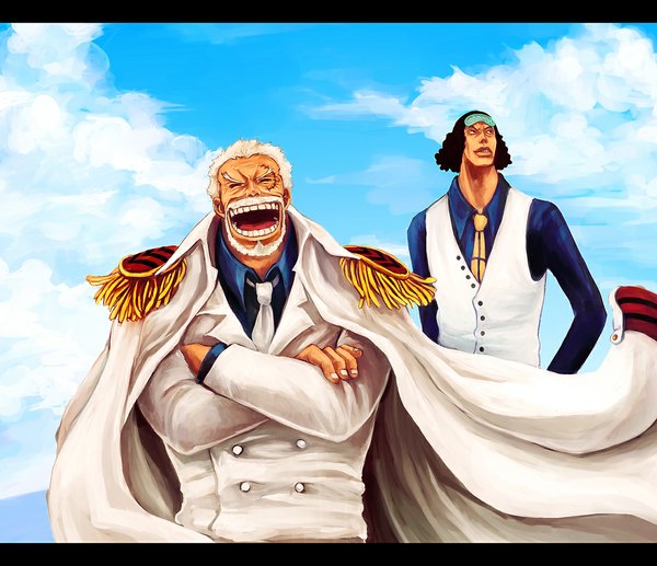 Anime picture 1127x972 with one piece toei animation kuzan (aokiji) monkey d garp tsuyomaru short hair open mouth black hair sky cloud (clouds) white hair eyes closed multiple boys hand on hip letterboxed scar crossed arms laughing boy necktie