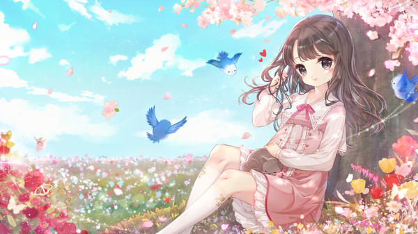 Anime picture 3413x1920 with original mini single long hair looking at viewer blush fringe highres brown hair wide image sitting brown eyes sky cloud (clouds) bent knee (knees) outdoors long sleeves wind cherry blossoms adjusting hair