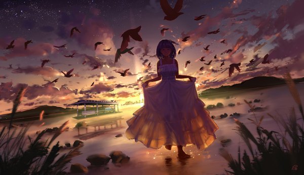 Anime picture 3300x1909 with original mikan (artist) looking at viewer fringe highres short hair breasts blue eyes smile wide image standing bare shoulders holding purple hair cloud (clouds) barefoot sunlight night mole no shoes
