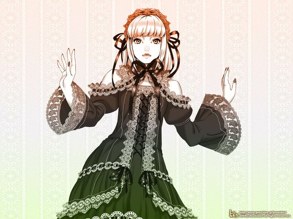 Anime picture 1024x768 with original midori foo single looking at viewer short hair simple background blonde hair bare shoulders nail polish monochrome spread arms lolita fashion goth-loli girl dress ribbon (ribbons) frills hairband