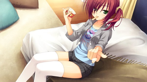 Anime picture 1600x900 with tenshinranman karasuba yukari single blush short hair wide image sitting green eyes game cg red hair side ponytail girl thighhighs white thighhighs food shorts sweets bed ice cream