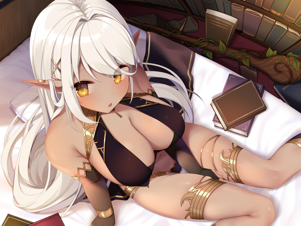 Anime picture 5600x4200 with original shiika yuno single long hair looking at viewer blush highres breasts open mouth light erotic large breasts sitting bare shoulders yellow eyes payot absurdres cleavage bent knee (knees) white hair indoors