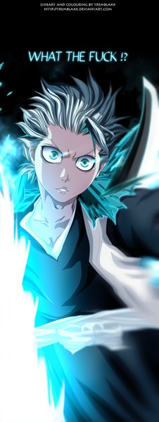 Anime picture 600x1592 with bleach studio pierrot hitsugaya toushirou tremblax single tall image short hair simple background green eyes silver hair traditional clothes japanese clothes inscription coloring glowing black background light glowing eye (eyes) boy belt