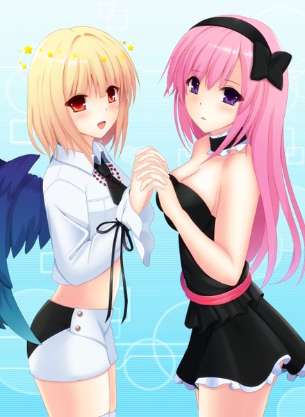 Anime picture 908x1242 with beatmania beatmania iidx rche (beatmania) megimegyo long hair tall image looking at viewer blush short hair blonde hair smile red eyes purple eyes multiple girls pink hair holding hands girl dress bow 2 girls