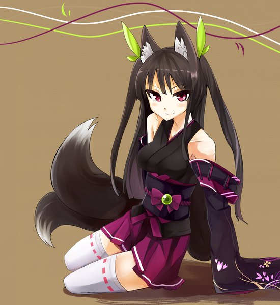 Anime picture 1466x1600 with original haik single long hair tall image looking at viewer black hair red eyes traditional clothes fox ears fox tail girl thighhighs detached sleeves white thighhighs