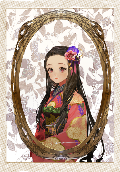 Anime picture 728x1034 with kimetsu no yaiba ufotable kamado nezuko say hana single long hair tall image looking at viewer black hair signed upper body traditional clothes japanese clothes pink eyes light smile portrait empty picture frame girl hair ornament kimono