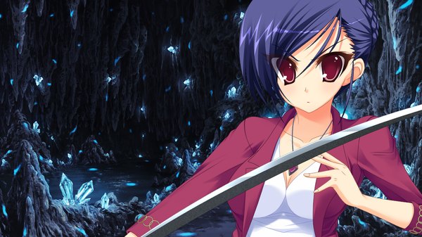 Anime picture 1280x720 with ama ane saki mikoshiba red eyes wide image blue hair game cg girl weapon